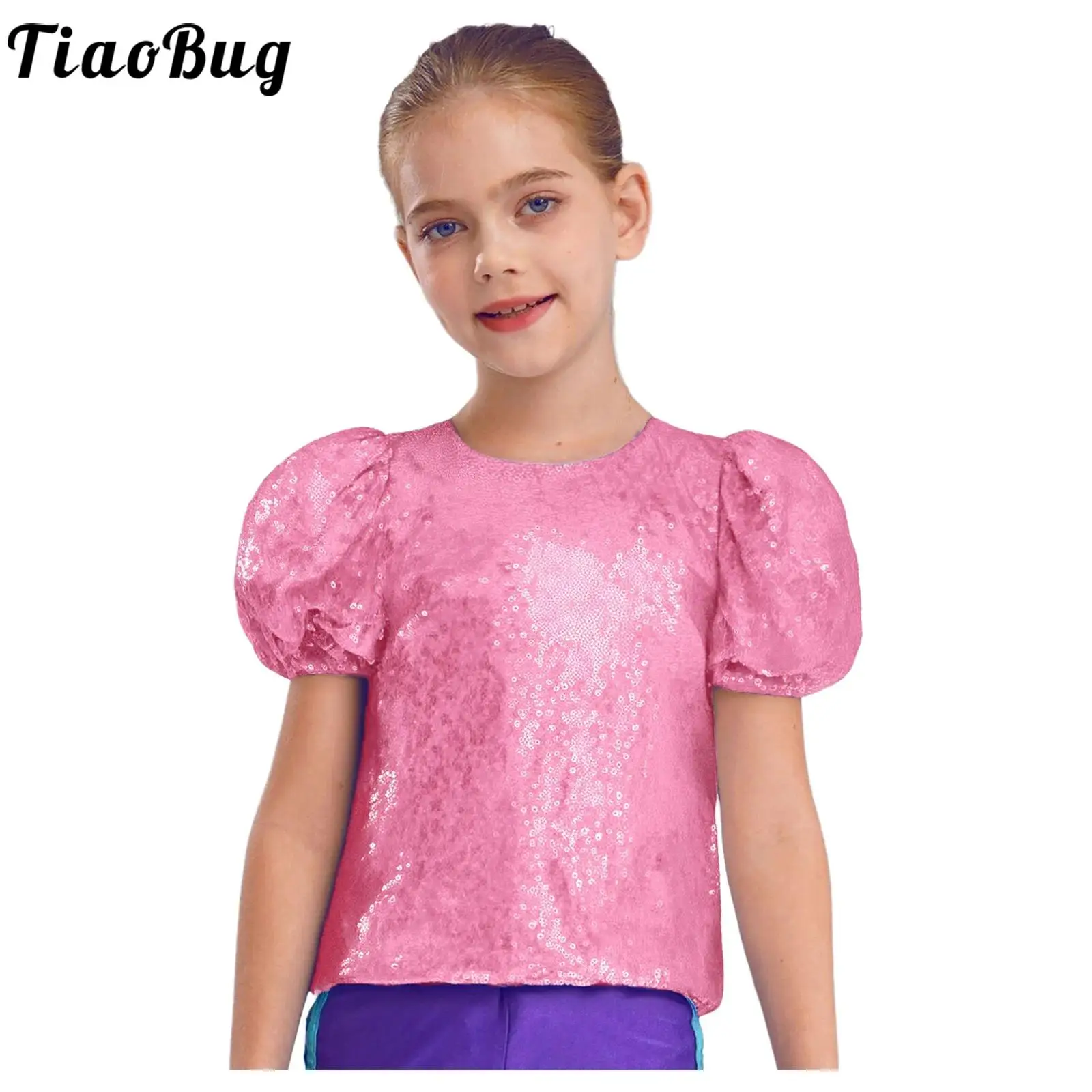 

Kids Girls Jazz Modern Dance Costume Shirt Short Puff Sleeves Shiny Sequins Top for Dancing Cheerleading Performance Competition
