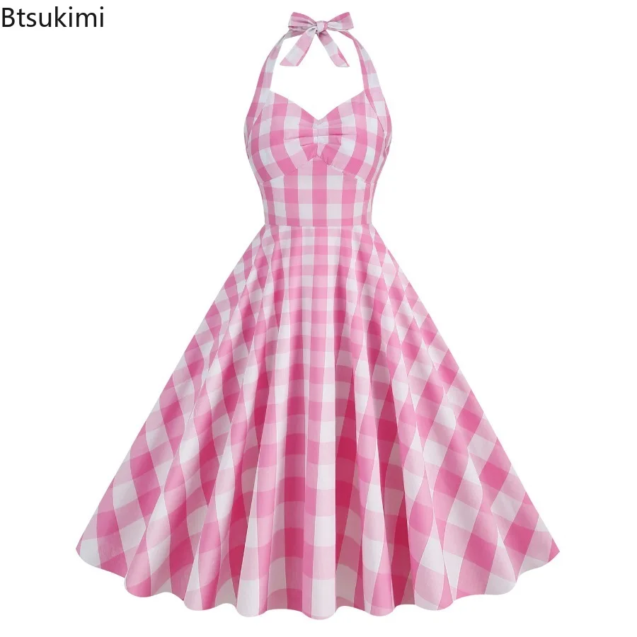 

New 2025 Women's Plaid Print Dress Hepburn Style Neck-mounted Skirt Big Swing Dress Summer Vintage Casual Pure Cotton Pink Dress