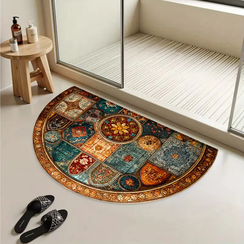 Ruby Gemstone Pearl Gold Border Luxury Jewelry Semi Circle Doormat For Elegant Entryway Non Slip Welcome Floor Mat Accent