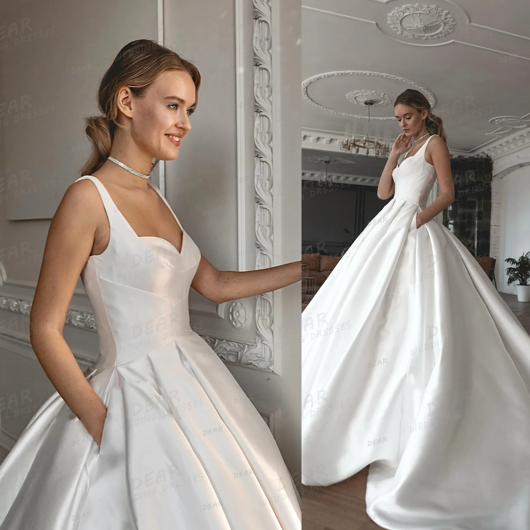 

Luxury Woman's Wedding Dresses A Line Sexy Sweetheart Sleeveless For Bridal Ball Gowns Elegant Pleat Satin Pocket Robe De Mariée