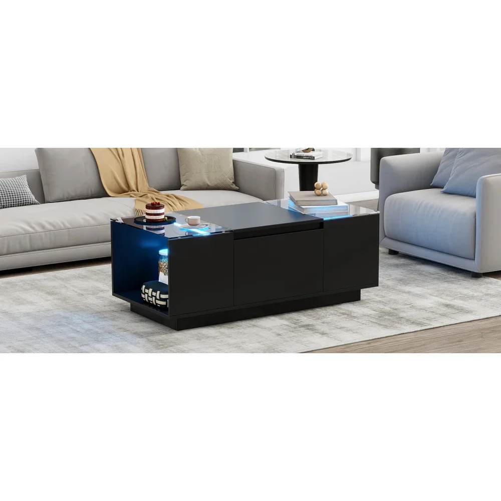 Led Coffee Table,High-Gloss Finish and Glass Tabletop,Table with Open Storage Compartment and 2 Hidden Drawers，Living Room