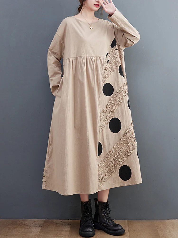 

Khaki Vintage Polka Dot Print Dresses For Women Spring Autumn Long Sleeve Loose Casual Midi Dress Fashion Elegant Clothing 2024