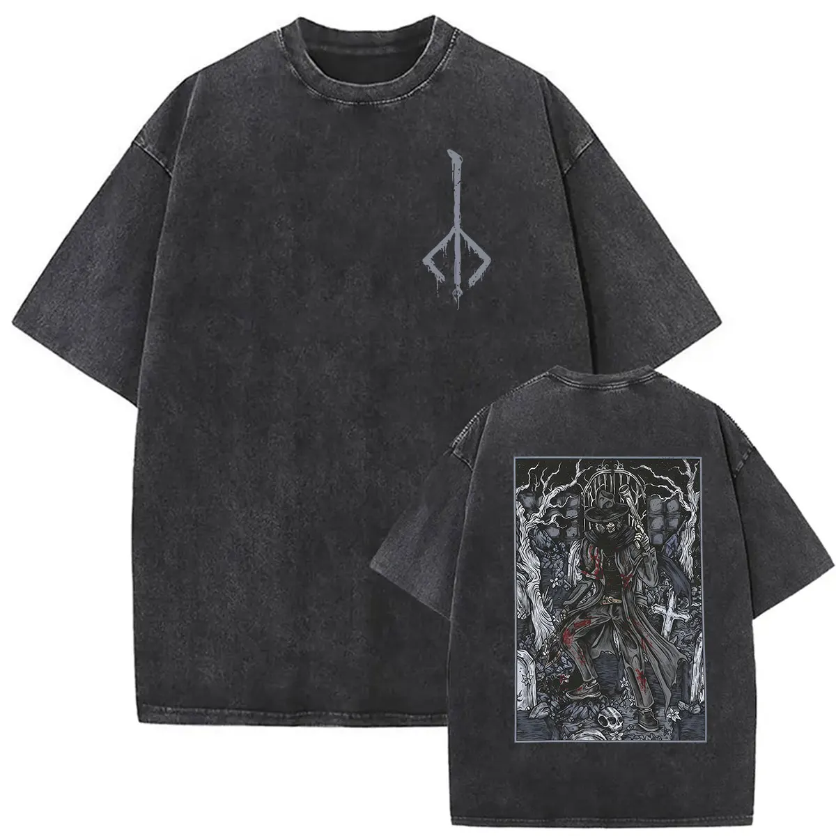 Vintage Washed Game Bloodborne Lady Maria Graphic T Shirt Men's Gothic Fashion Short Sleeve T-shirt Man Cosplay Clothing Tshirts