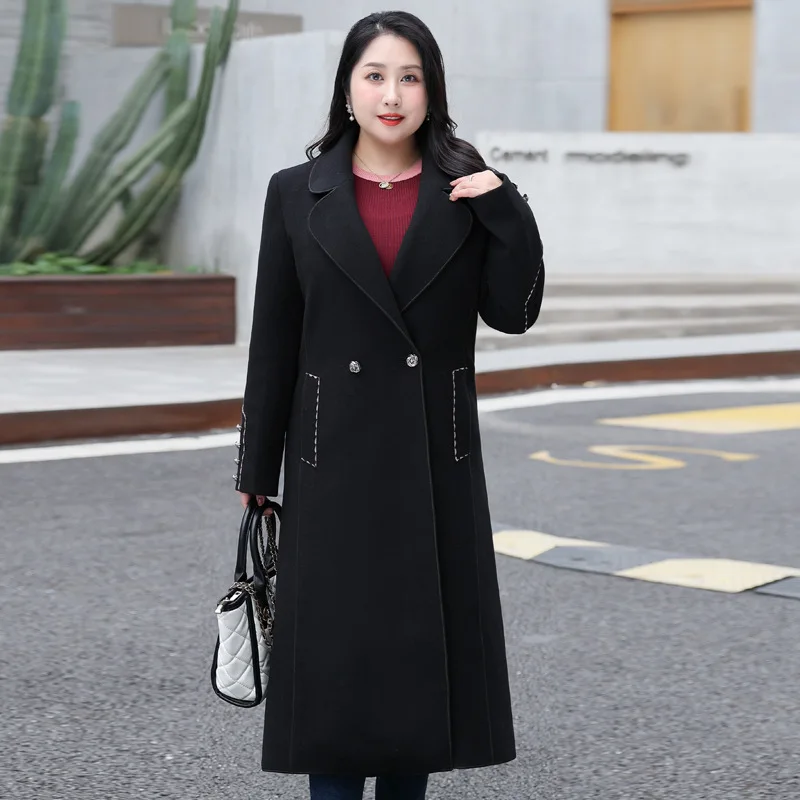 Plus Size 8XL Women Long Sleeve Woolen Coat Lapel Solid Color Autumn Winter Long Jacket Coat Korean Long Cardigan 6XL 7XL 150KG