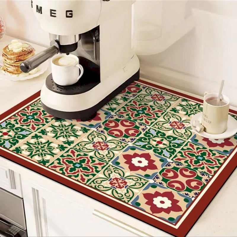 VIKAMA Colored Bohemian Countertop Mat, Quick Drying Absorbent Sink Mat, Anti Slip Washable Kitchen Drainage Mat