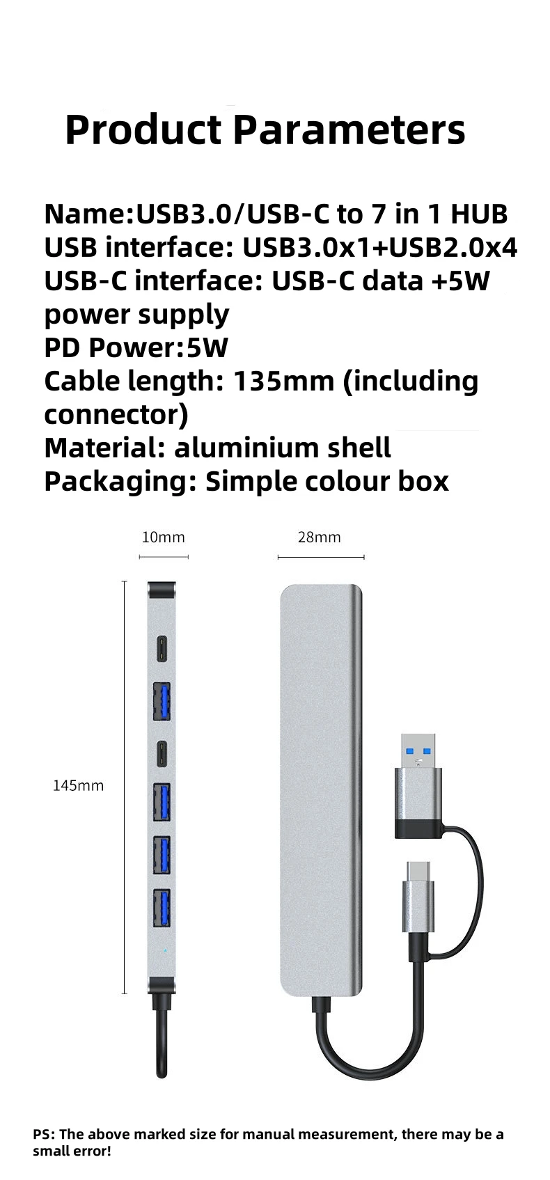 7 In 1 Type C USB Hub 4K@60Hz USB3.0 USB2.0 USB Splitter for Laptop M2 M1 Steam Deck USB C Hub for Docking Station 7 in 1