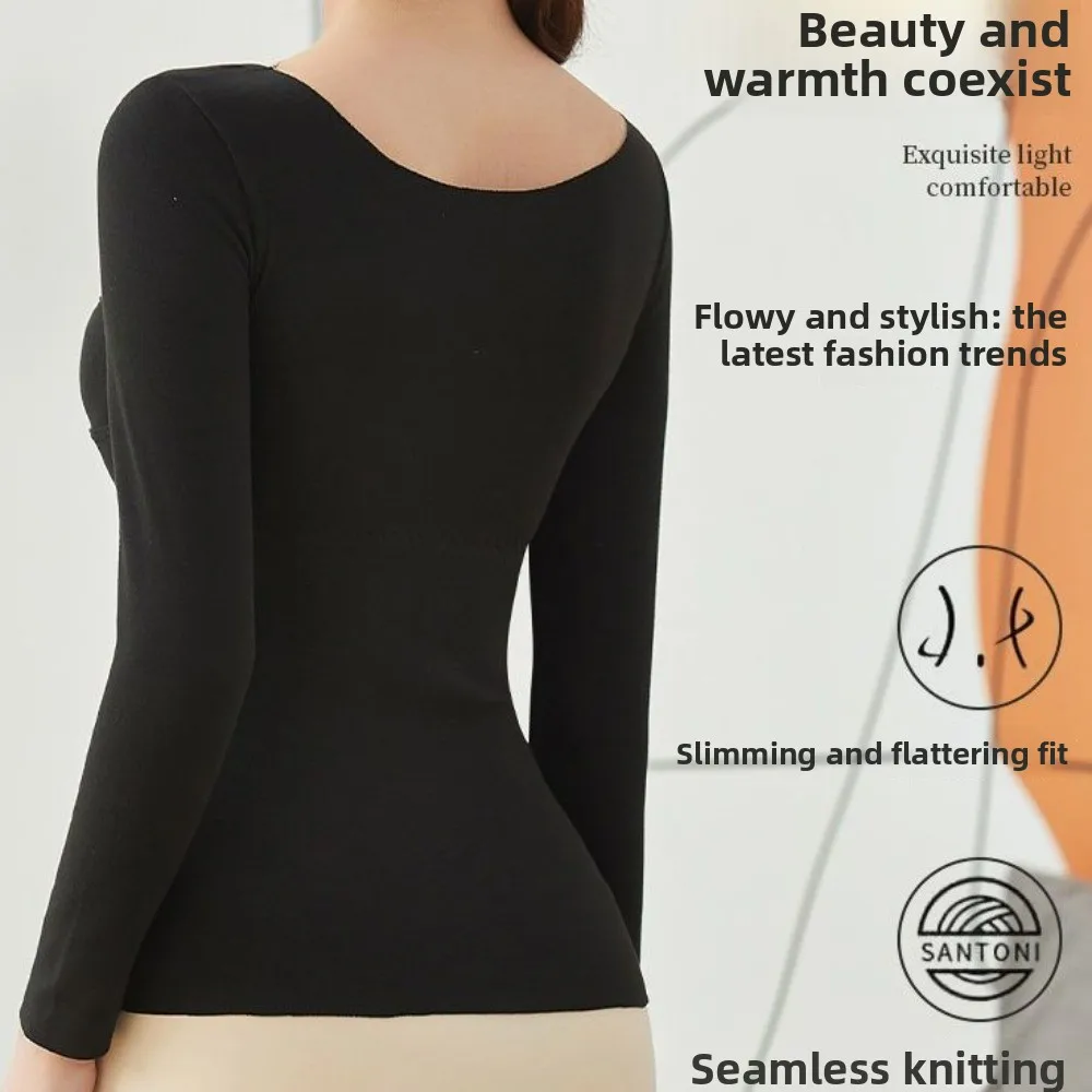 الخامس الرقبة النساء الملابس الحرارية بلون المخملية الصوف ملابس اخلية حرارية الملابس الداخلية غير مرئية الدفء بلوزات طويلة الخريف/الشتاء #4