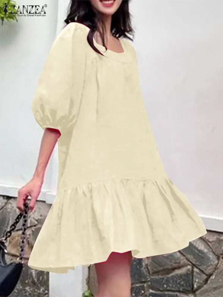 

ZANZEA Casual Loose Pleats Solid Dresses Women Puff Half Sleeve Dress Fashion Square Neck Sundress 2024 Summer Holiday Mini Robe