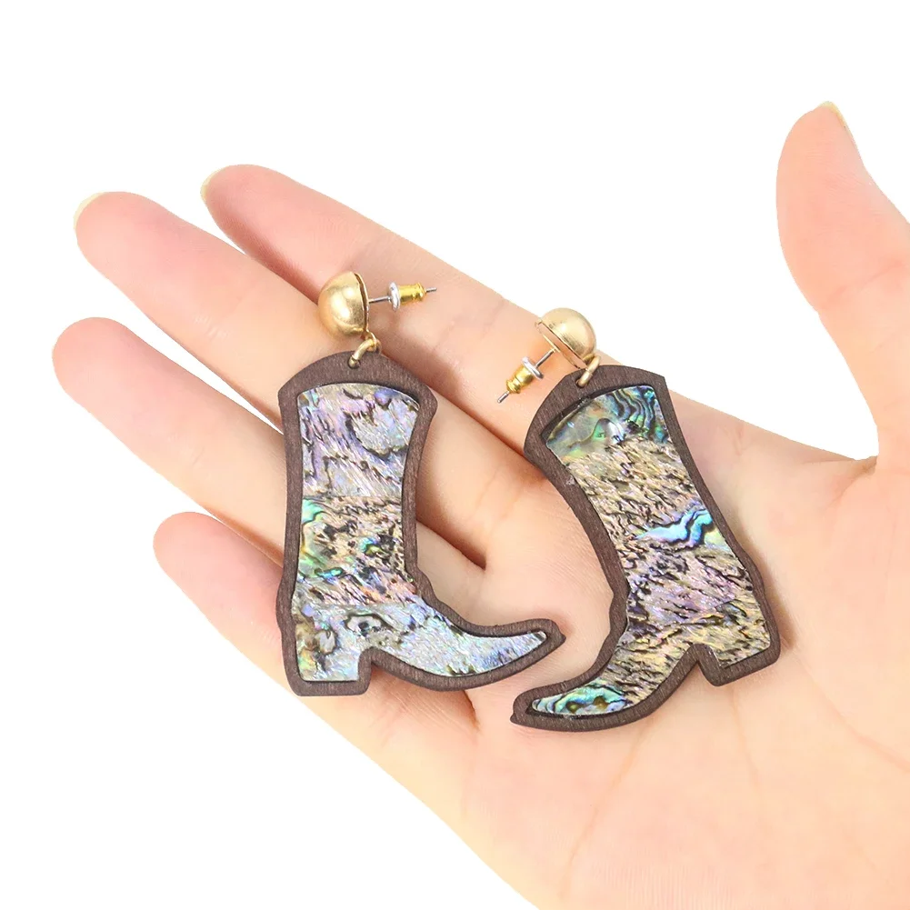 1pair Vintage Personality Wood Earrings Inay with Abalone Shell Boot Sheet Pendant Charms Ear Dangle Craft Jewelry Accessory