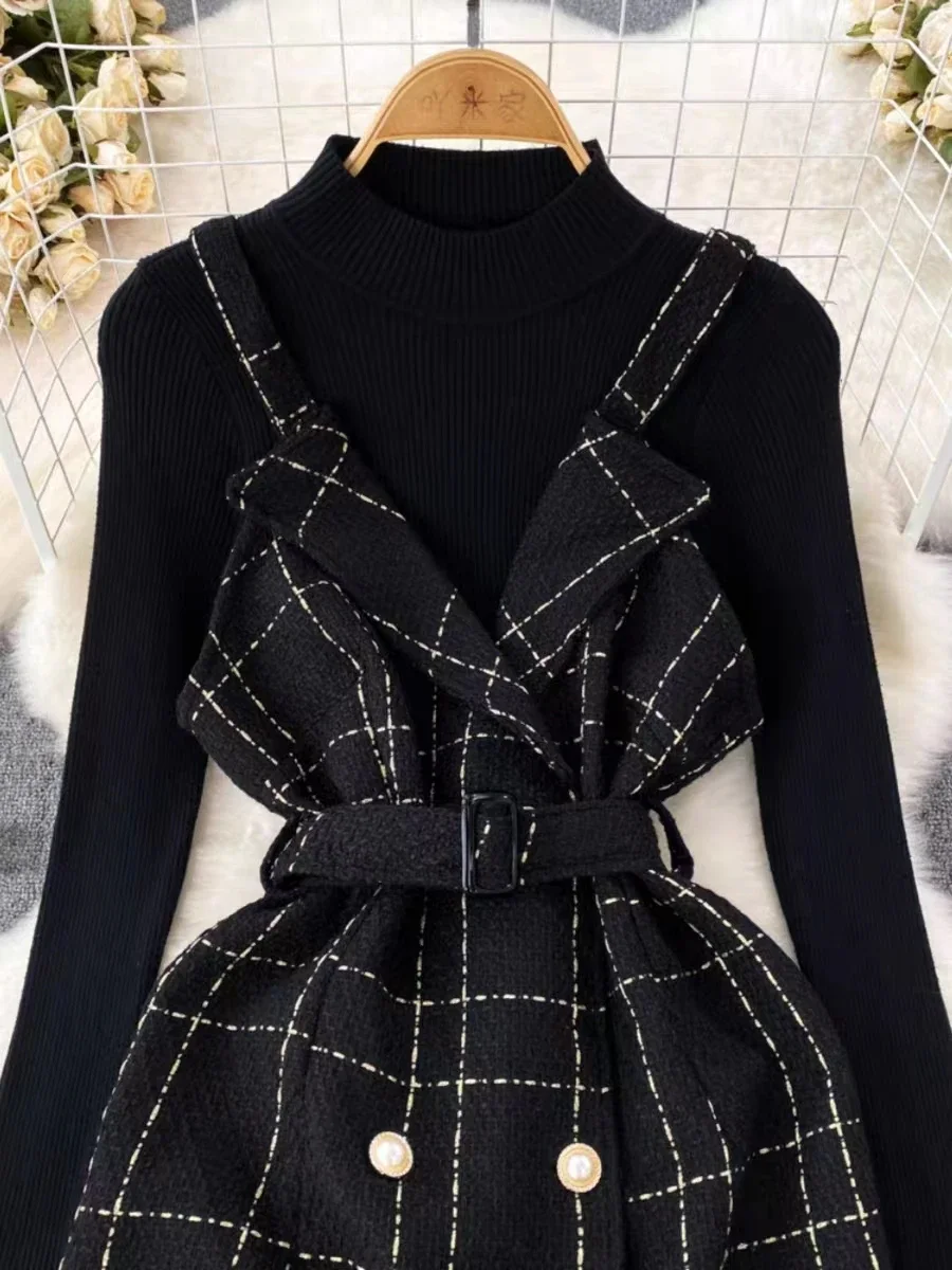 New Small Fragrance Tweed Dress Sets Women Elegant Long Sleeve Bottoming Sweater + Vintage Plaid Sling Dresses Office Lady Suits