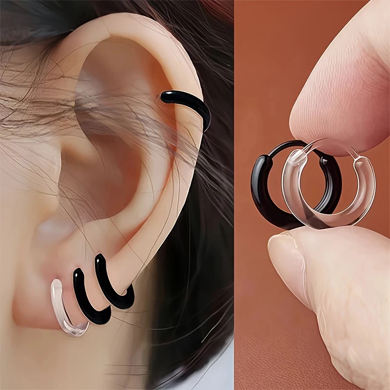 2 Stück schwarze und klare Creolen aus Kunstharz, minimalistische, unsichtbare Acryl-Ohrstecker, Helix-Piercing-Schmuck für Männer und Frauen, Freizeitkleidung