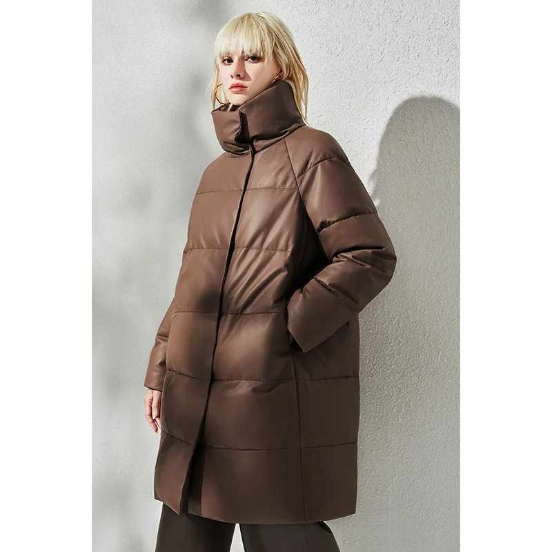 Women's Leather Down Jacket, Stand Collar, Mid-Length, Straight, Genuine Sheepskin, Warm Coat, Winter