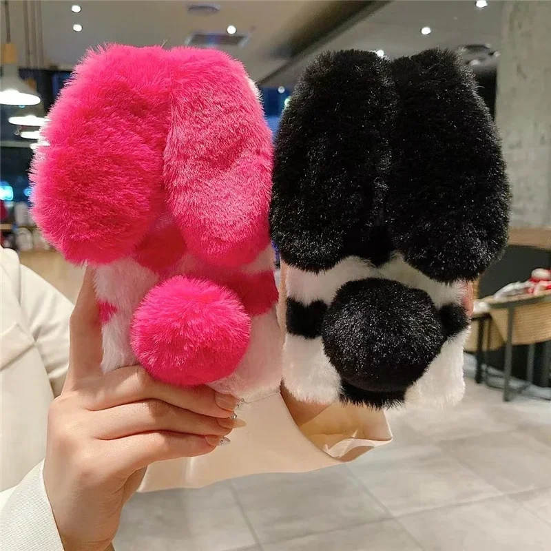 Furry Rabbit Bunny Fur Soft Plush Black Phone Case For Samsung A05S A15 A25 A35 A55 A14 A24 A34 A54 A13 A23 A33 A12 A22 A32 A52S