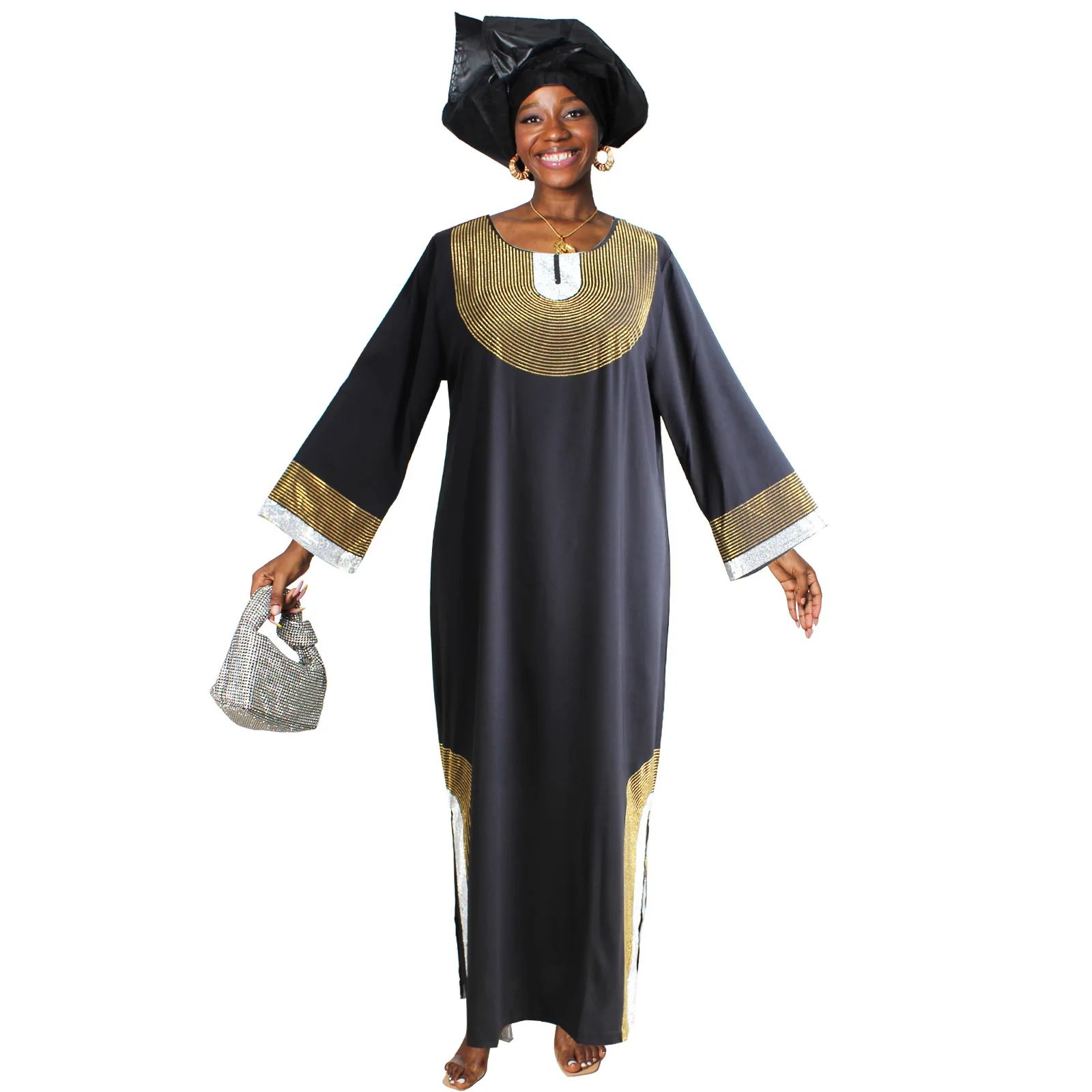 African Dresses For Women Richestones Smooth Glossy Full Long Dress With Scarf Wedding Dress