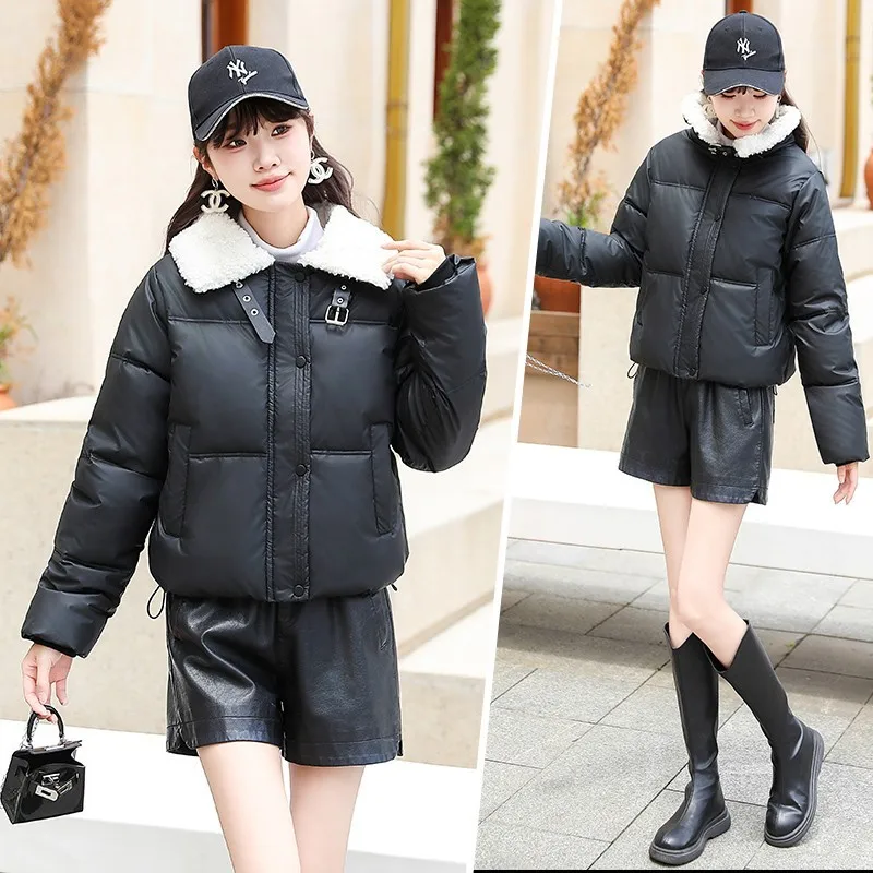 Winter Cotton-padded Women Short leather Coat With Big Fur Collar and Thickened Padded Jacket Warm Parka