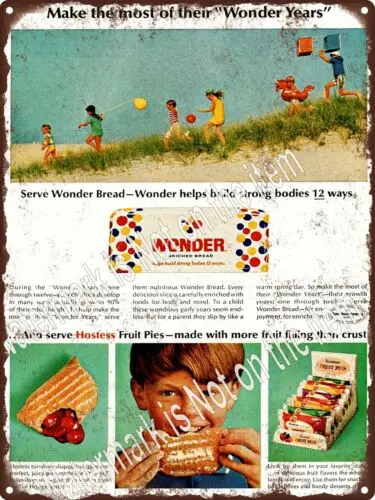 1966 Wonder bread Loaf Hostess Fruit Pies Box Packs Metal Sign 9x12