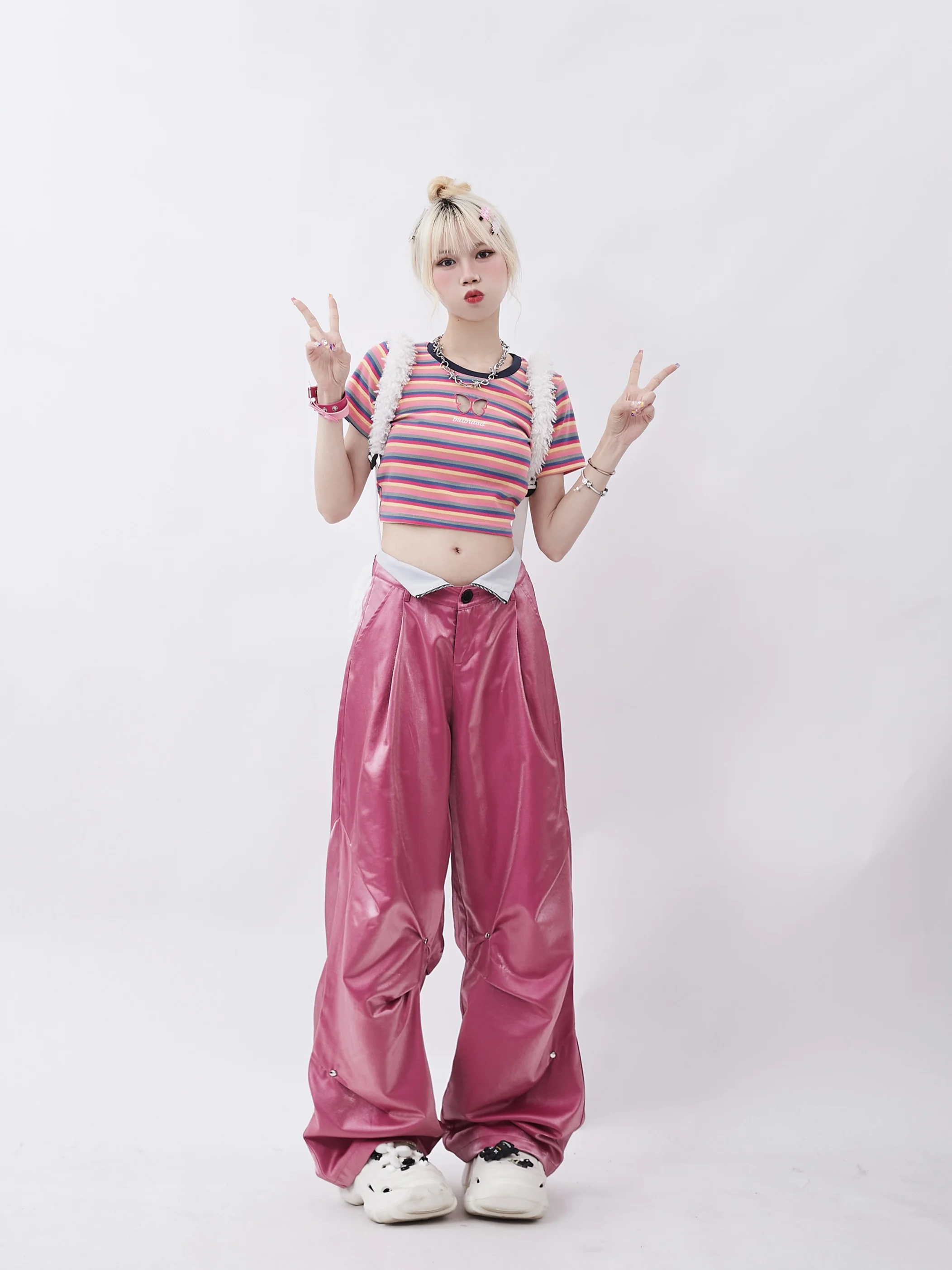 Dophee pantaloni Cargo viola per le donne nuova primavera estate Hotsweet pantaloni dritti a vita alta Streetwear pantaloni da ballo larghi casuali