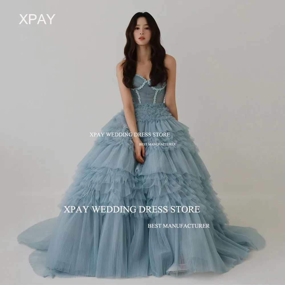 XPAY Luxury Dusty Blue Korea Evening Dresses Photos Shoot Ruffles Tiered Fairy Tulle Evening Gowns Beads Corset Prom Party Dress