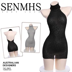 SENMHS – Lingerie érotique pour femmes, sous-vêtement une pièce Sexy, poitrine ouverte, tricot, dos nu, Passion, Cosplay, pull creux sans manches, gris, noir