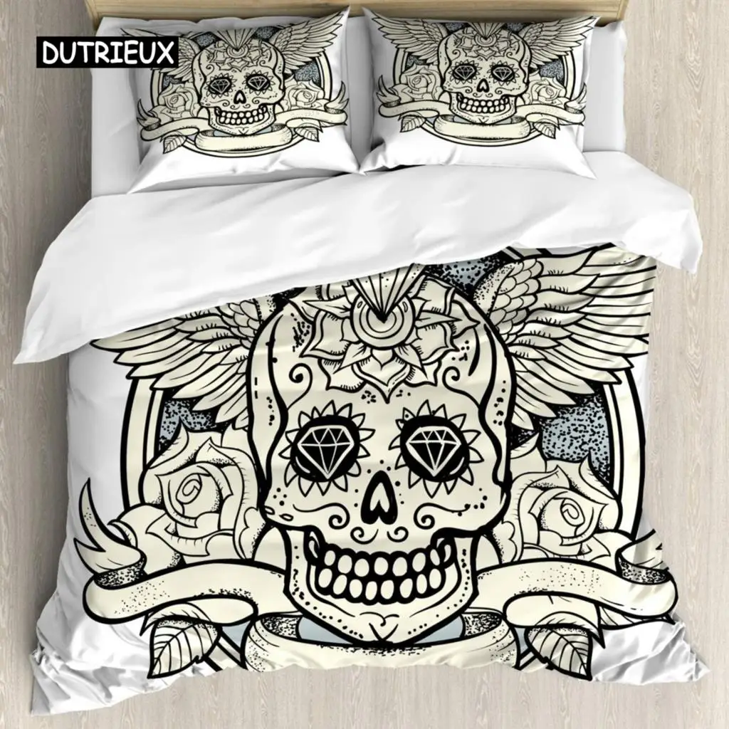 

Sugar Skull Duvet Cover Illustration of Diamond and Roses Vintage Revival Design Polyester Bedding Set Double Queen King Size