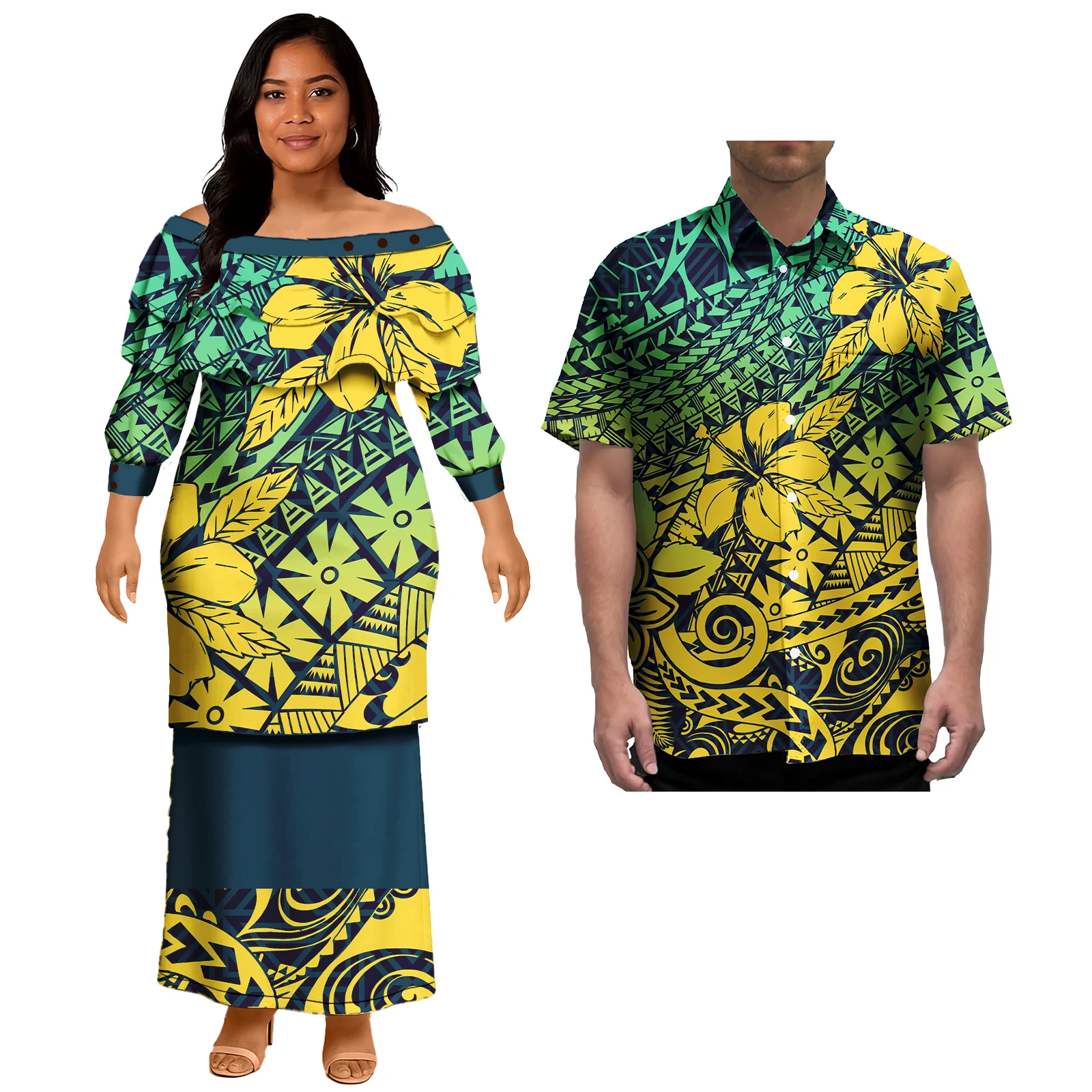 Polynesian Puletasi Ruffles ผู้หญิงเลดี้ Elegant เซ็กซี่ชุดลําลองและชายเสื้อชุดคู่เสื้อผ้า