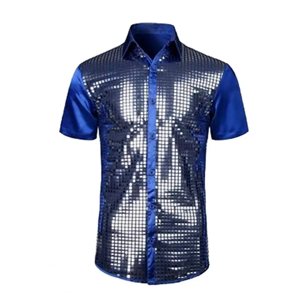 Men Relaxed Fit Shirt Shiny Surface Men's Performance Shirt with Turn-down Collar Single-breasted Design for Club Party 70s