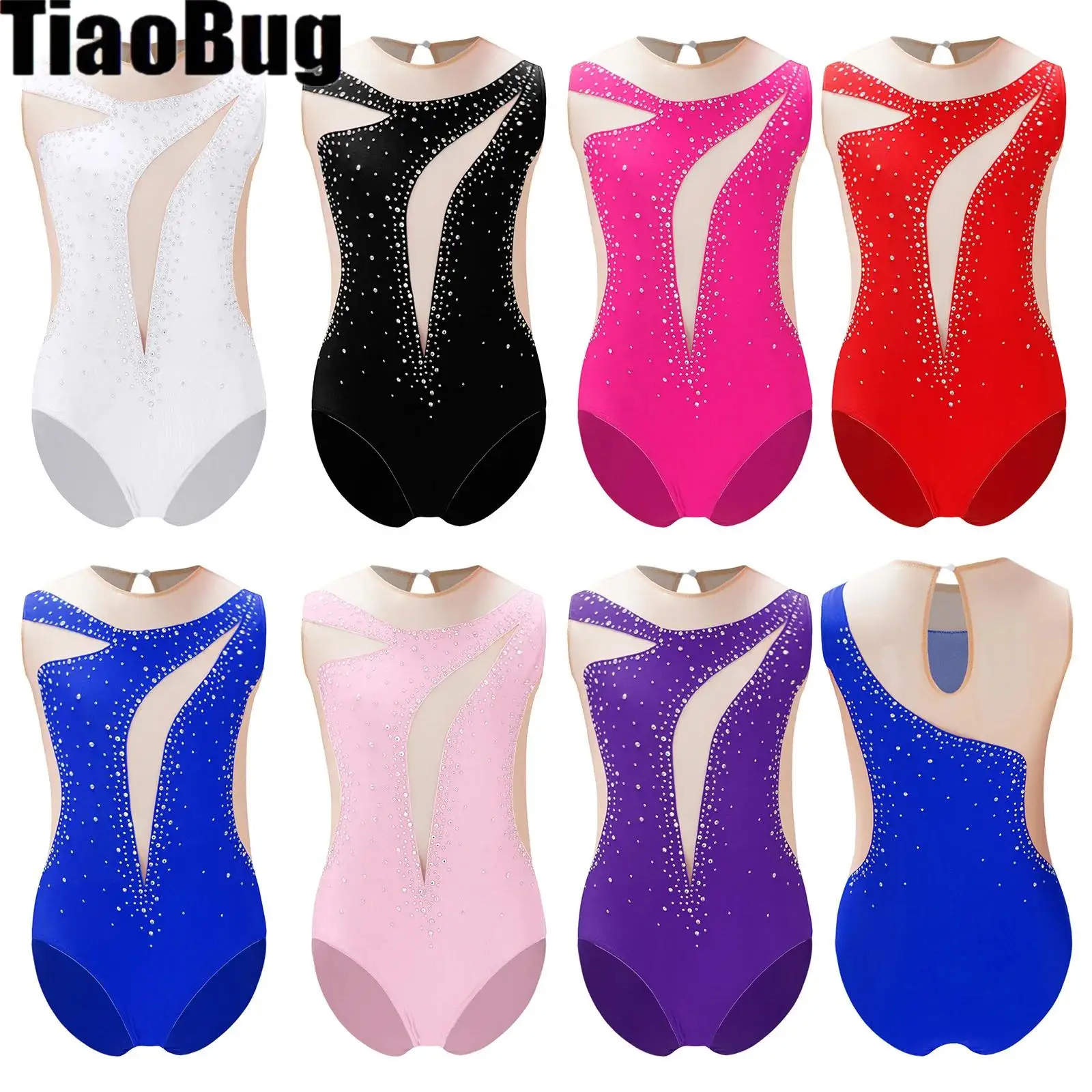 

Kids Girls Dance Leotard Figure Skating Performance Costume Shiny Rhinestone Leotard Sheer Mesh Patchwork Bodysuit