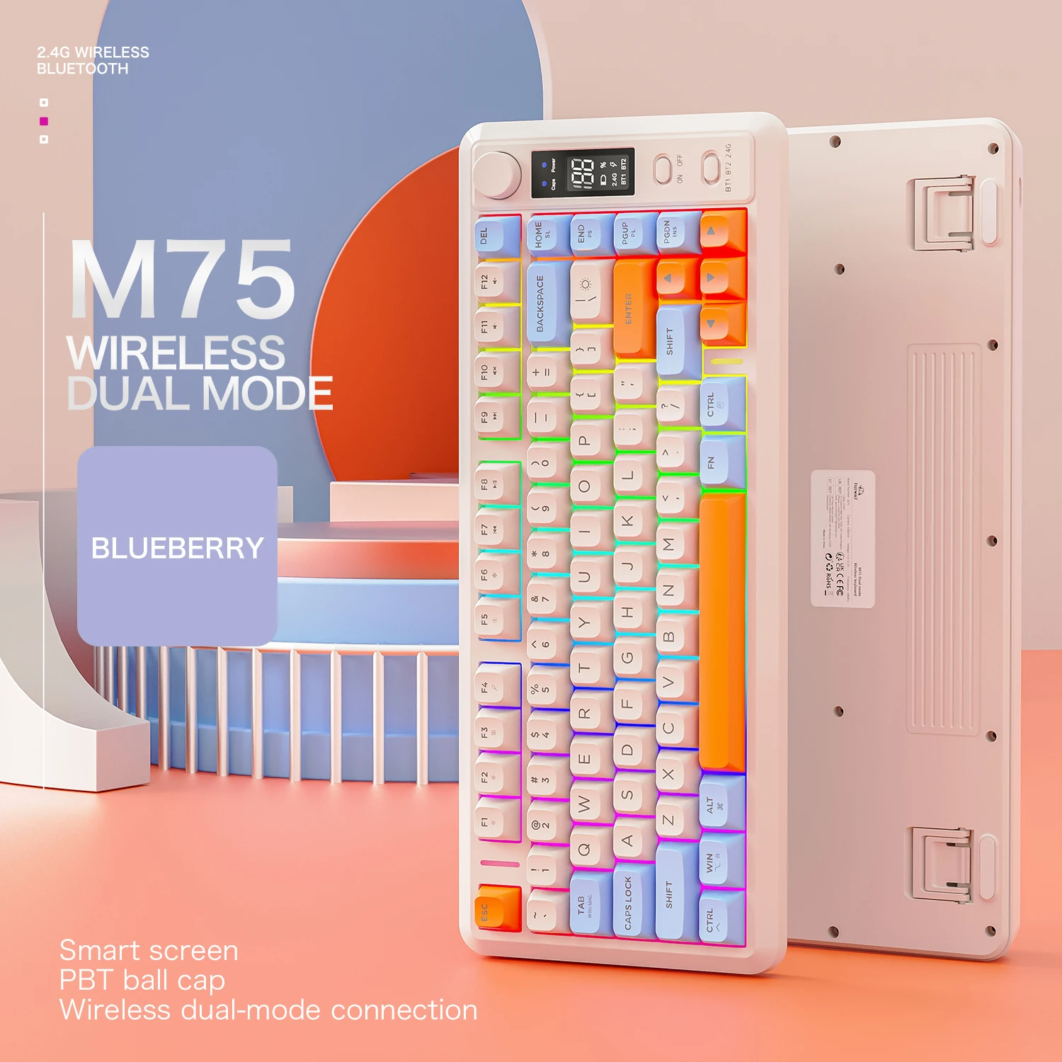 FREEWOLF M75 2.4G Bluetooth Dual Mode Wireless Keyboard PBT Gradient Ball Cap Smart Screen Battery Display 2000mAh Volume Knob
