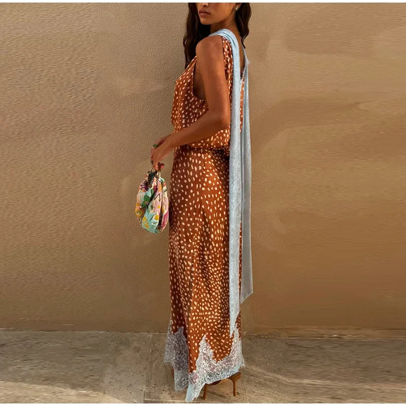 2026 New Elegant Printed Reversible Ribbon Top Lace Insert Skirt Set Women's Sleeveless Dot Two-Piece Outfit Lady Casual Wear view 3