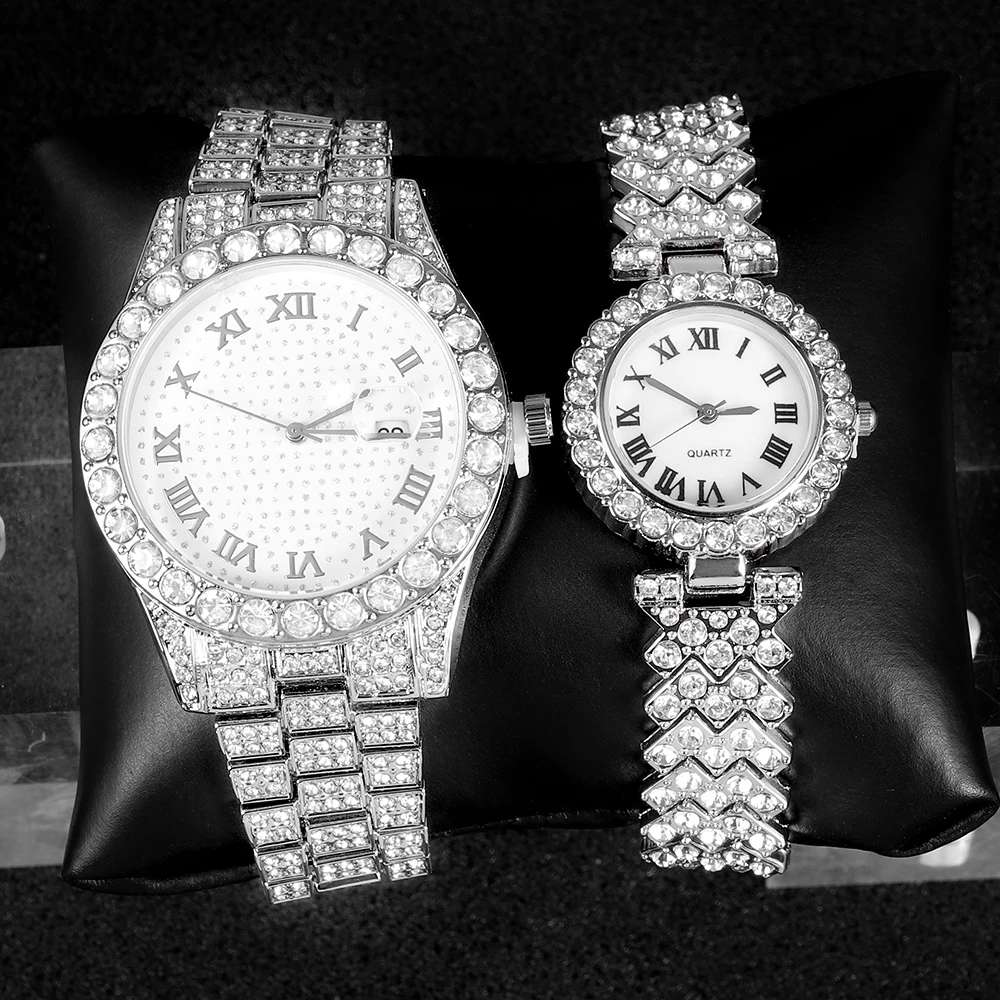 Reloj de plata con incrustaciones de diamantes para hombre y mujer, conjunto de 2 piezas, estilo Hip-hop, Punk, joyería de lujo para fiesta, regalo