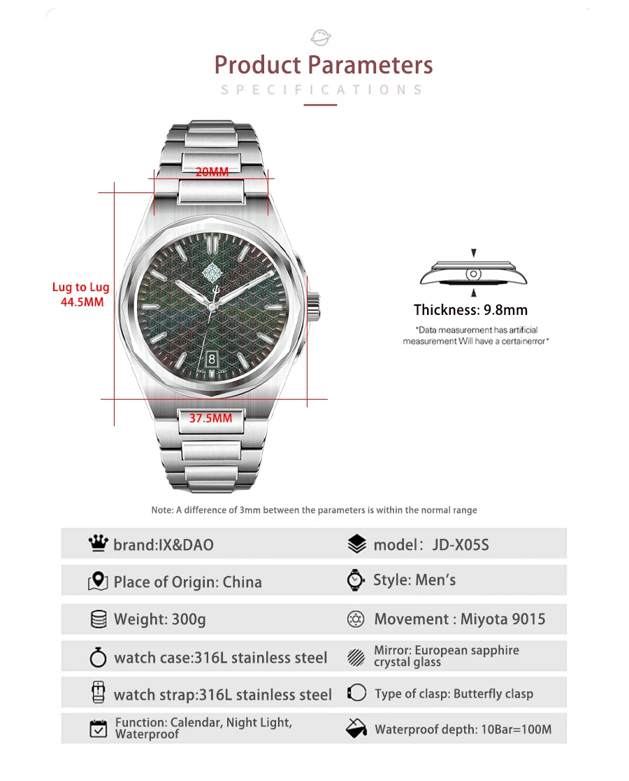 IX & DAO IPOSE 2025 جديد 9015 مهندس ساعة ميكانيكية أوتوماتيكية للرجال 37 مللي متر الياقوت الفولاذ المقاوم للصدأ مقاوم للماء 10Bar BGW9 reloj h