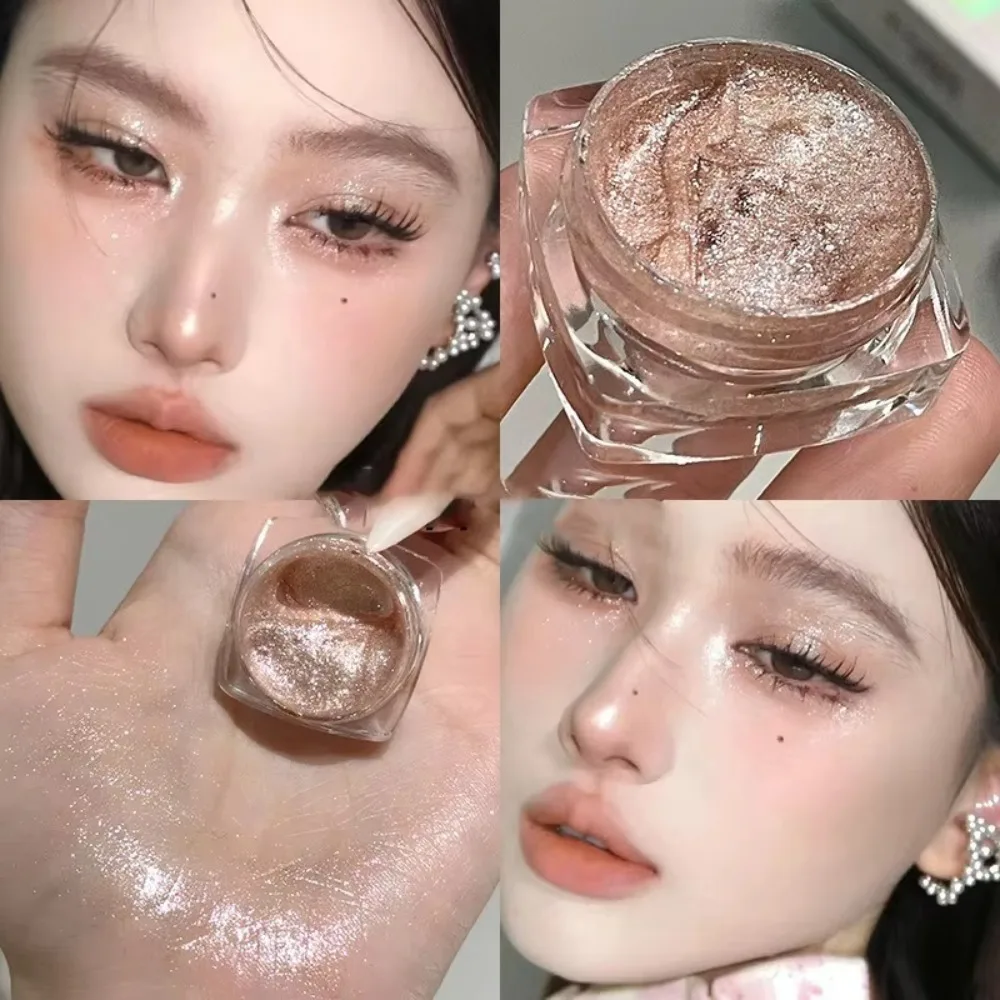Srebrno-biały rozświetlacz w słoiczku, cień do powiek z brokatem, wodoodporny żelowy cień do powiek, długotrwały, błyszczący makijaż jedwabnika.
