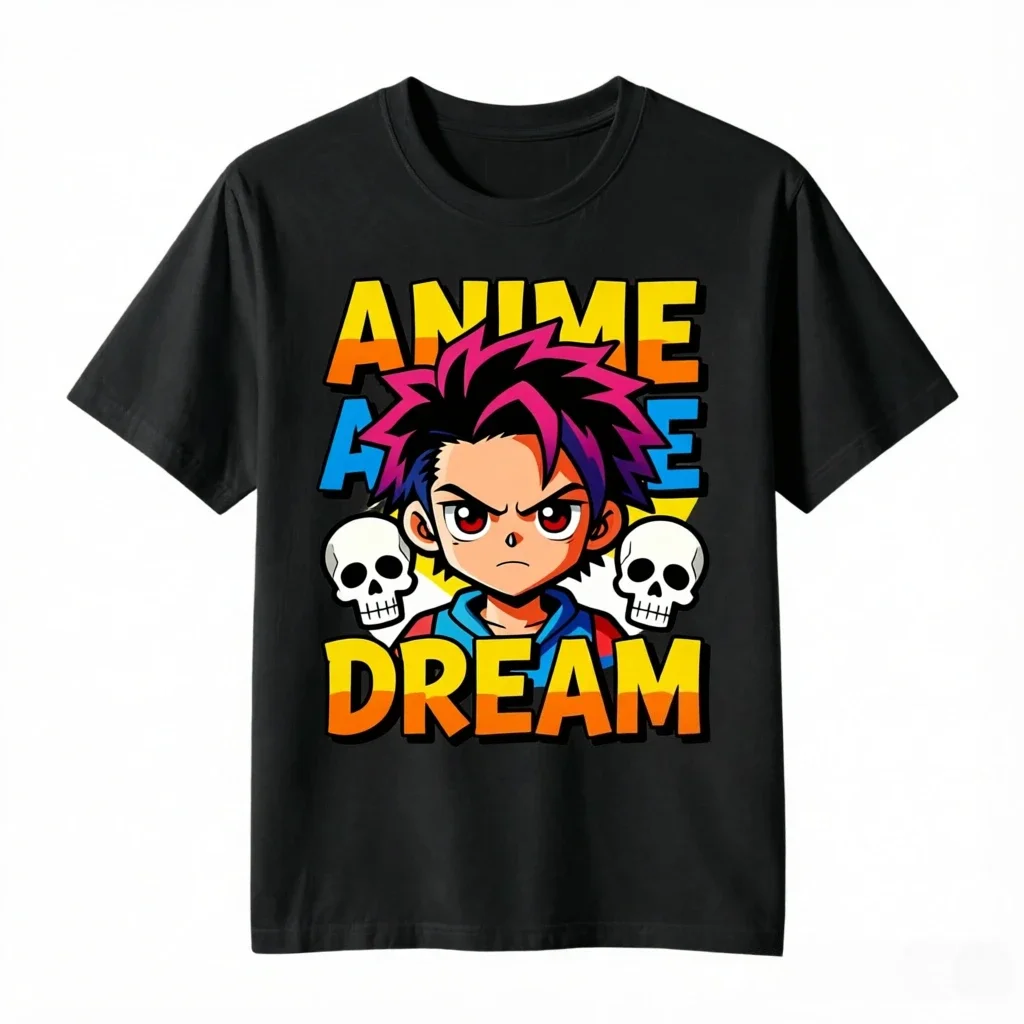 Anime Dream Spiky Hair Cartoon Boy Skull Graphic T-Shirt Cotton Casual Short Sleeve Tee for Men Women Kids Anime Fan Wear