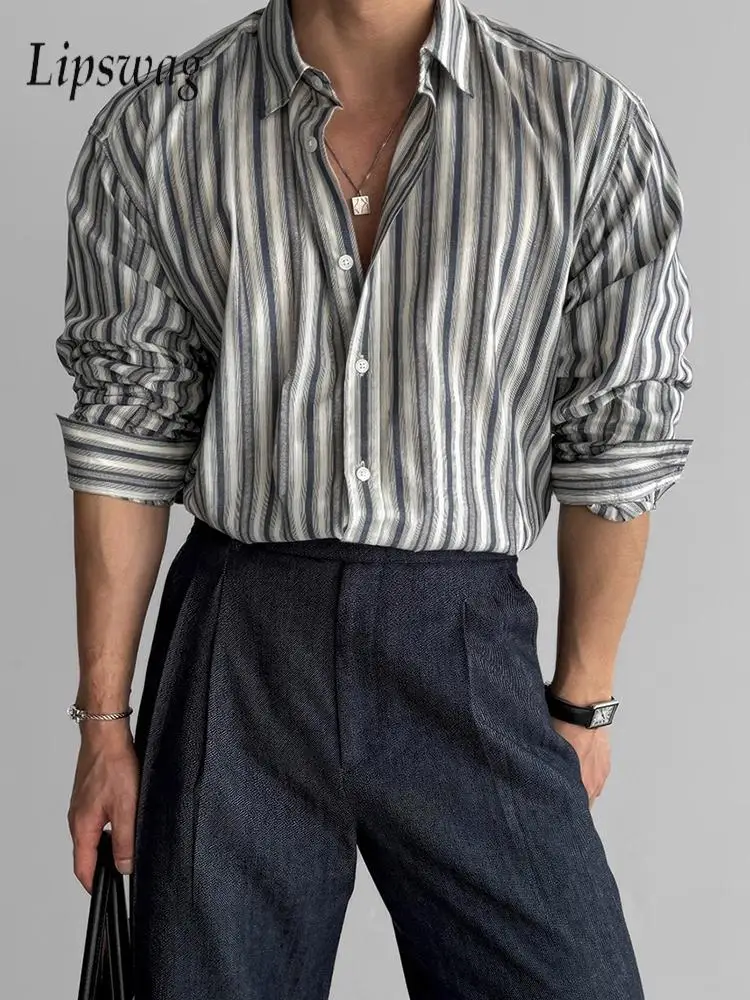 

Casual Long Sleeve Mens Striped Shirts Autumn Vintage Button-up Turn-down Collar Shirt For Men Outdoor Fashion Loose Cardigans