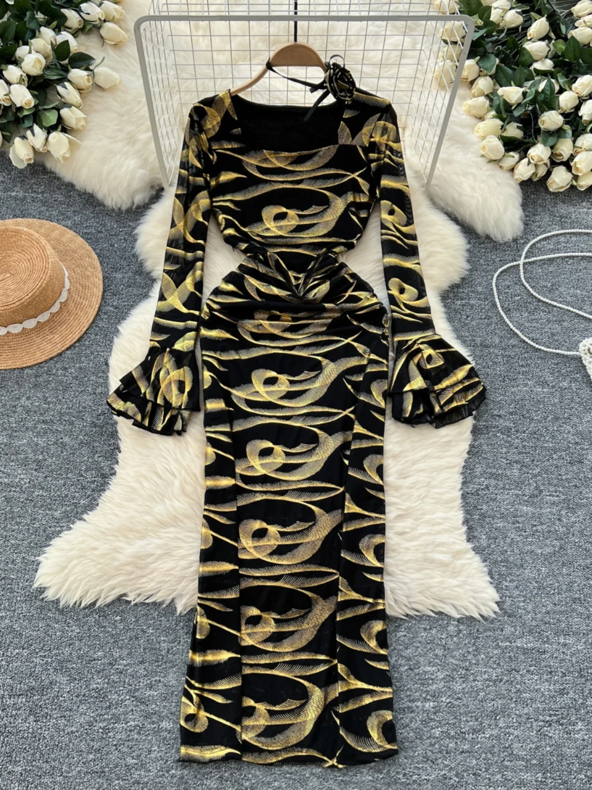 Foamlina Female Square Neck Flared Sleeve Flower Slim Fit Long Dress Women's Slimming Gold Foil Printed Dress 2024 Autumn Spring