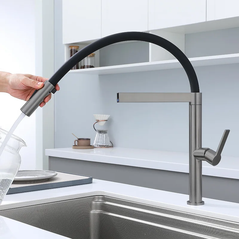 Modern One Handle Pull Down Sink Faucet Deck Mounted 2 Function Kitchen Sink Faucet Single Hole Hot and Cold Mixer Tap Gray