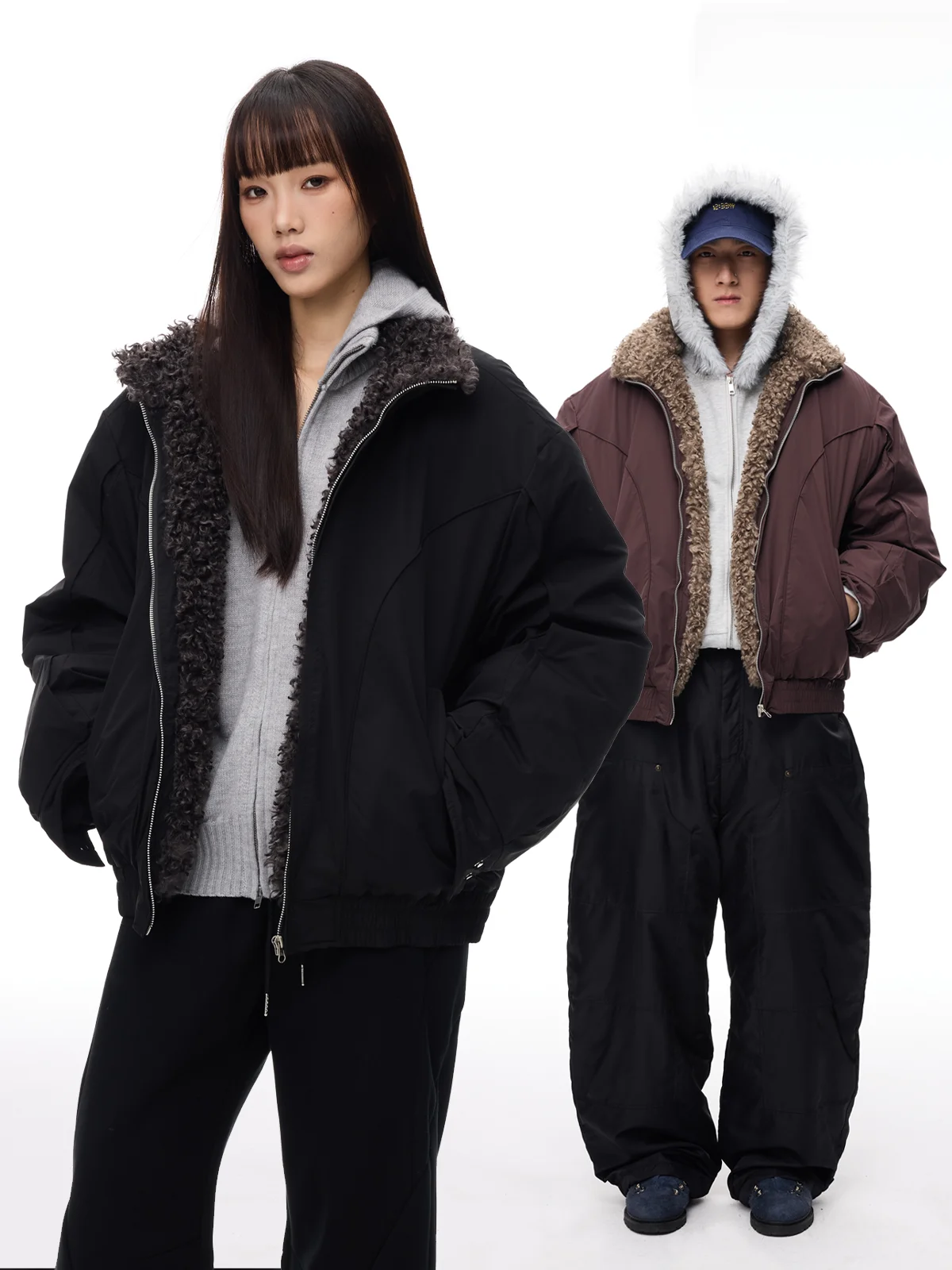 

Botanica American High Street Owl Jaet Cotton Workwear Pure Color Couple Fur Collar Parka Outerwear Long Sve Zipper
