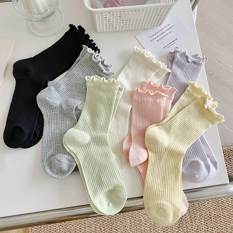 Summer Thin Women's Socks in The Tube Wooden Ear Lace Vertical Stripes Stockings Mesh Breathable Solid Color Socks