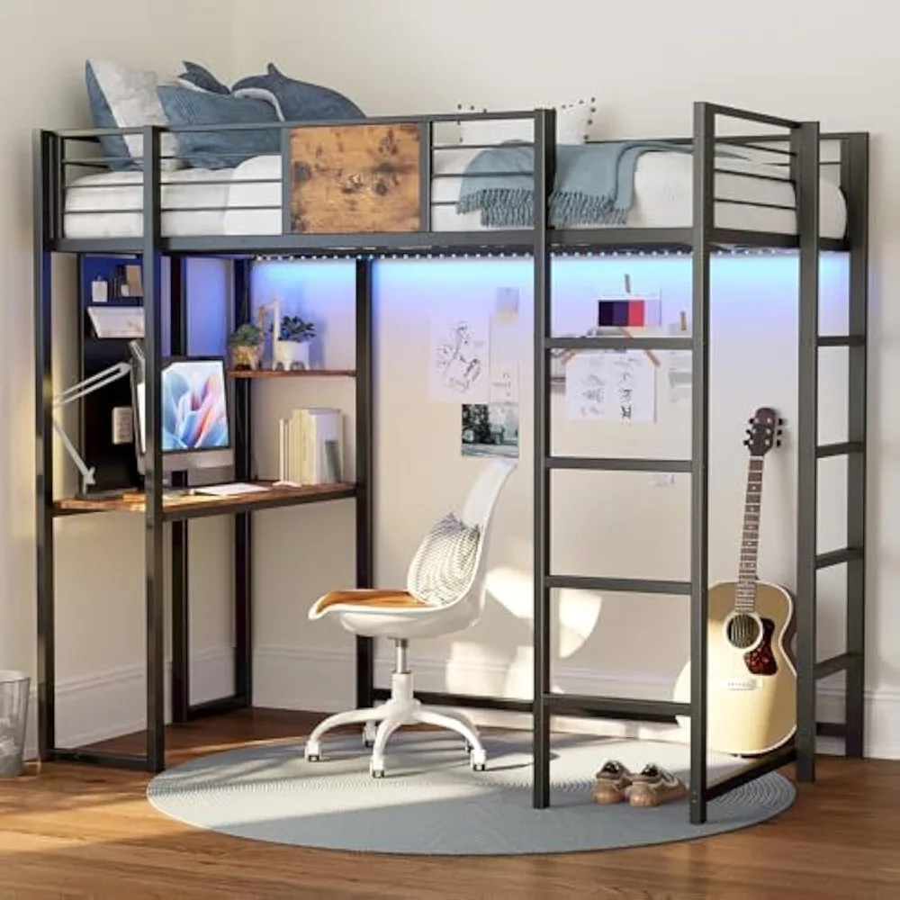 Lit double loft en métal avec bureau et étagères, cadre de lit loft avec 2 échelles intégrées, prise de courant et éclairage LED, pour adolescents et adultes