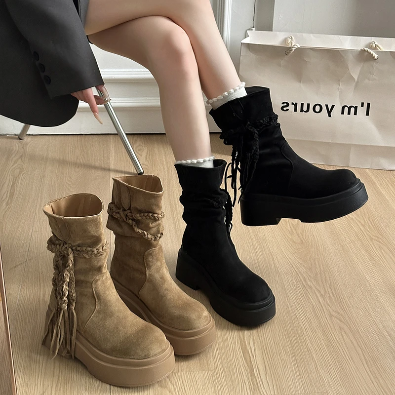 

2025 женские ковбойские сапоги в стиле вестерн, осень-зима, новые короткие ботинки на толстом каблуке, новые бархатные короткие ботинки на высоком каблуке в стиле ретро