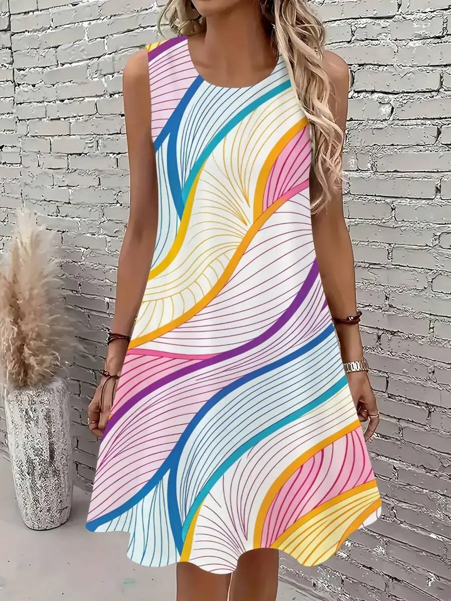 

Womens Sleeveless Round Neck Dress Colorful Abstract Wave Print Loose Fit Casual Summer Dress