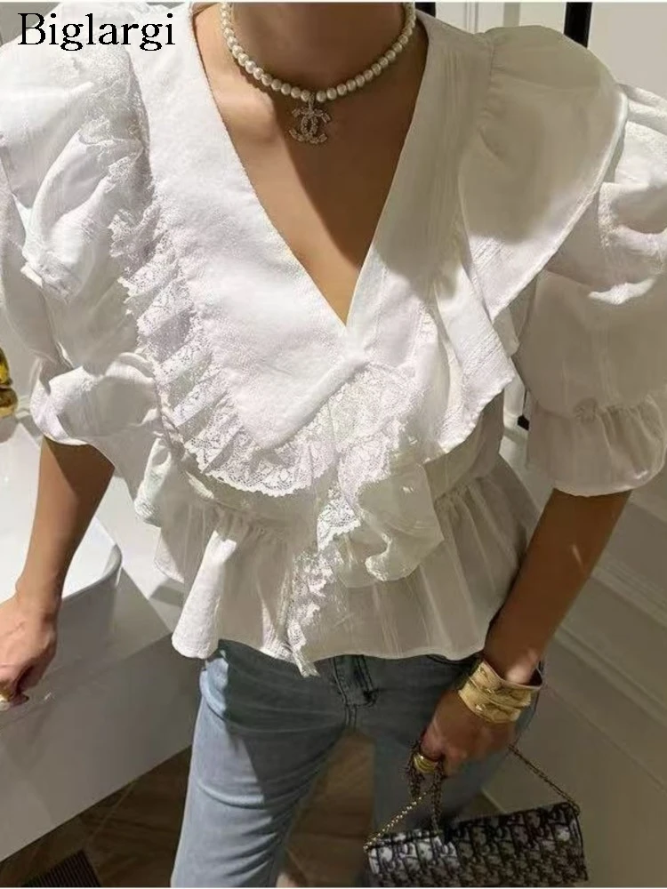 

Summer V-Neck Shirts Women Embroidery Lace Patchwork Sweet Fashion Ladies Blouses Korean Style Ruffle Pleated Woman Shirt