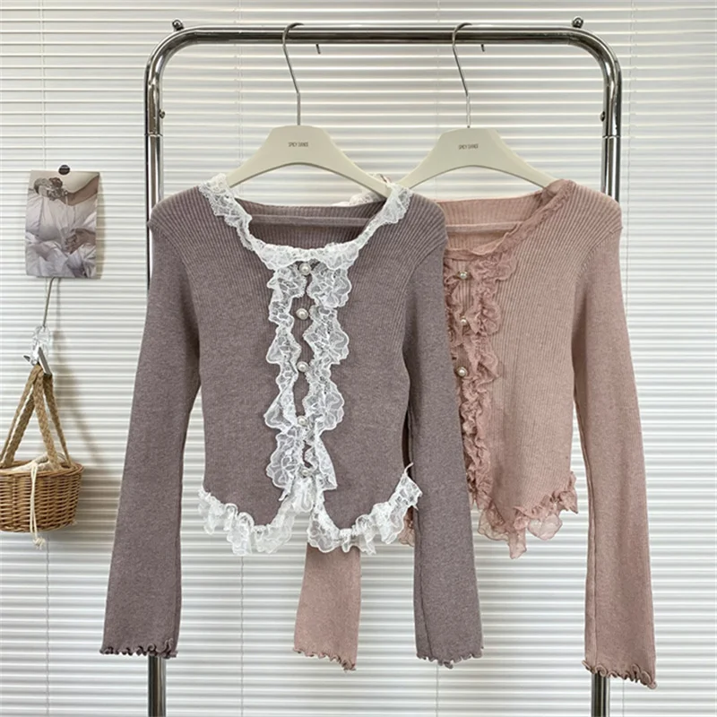 

Pink Lace Knit Sweater Tops for Women New in Autumn Winter Pure Irregular Slim Short Sweater As Inner Layer Cropped Cardigan