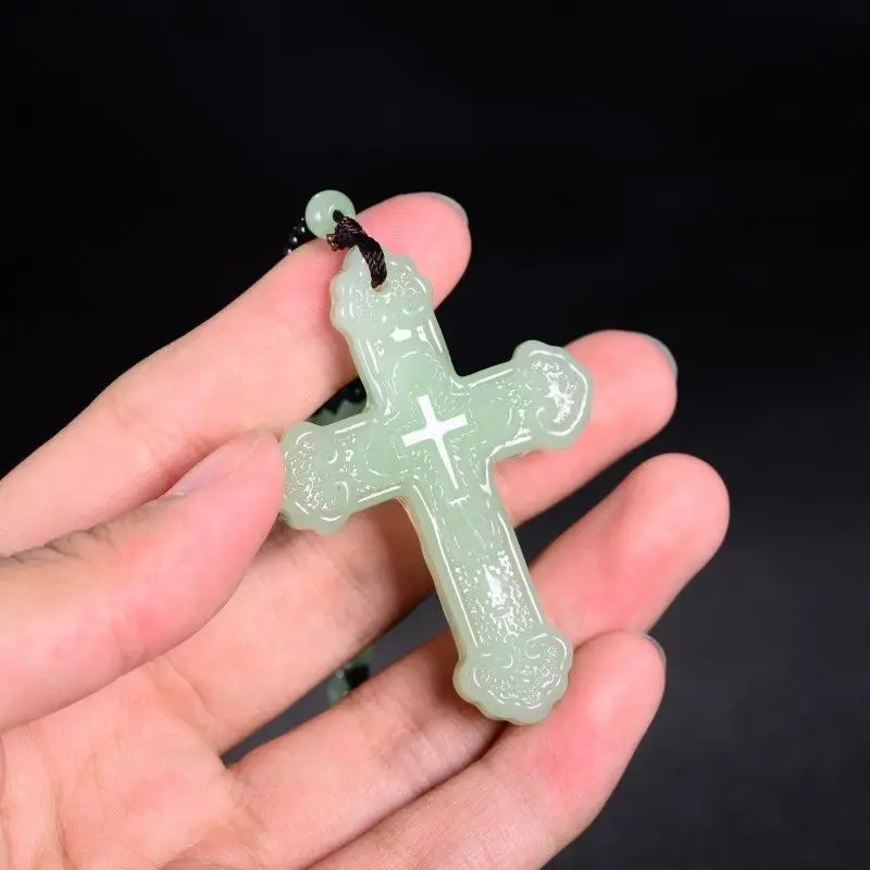 Natural Hetian jade cross white jade pendant pendant jasper cross necklace jade pendant men and women gifts Christianity