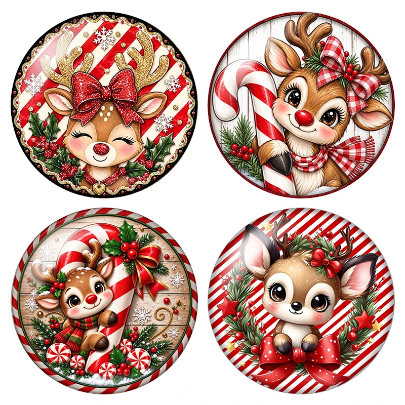 Christmas Elk Reindeer Cartoon Fawn Deer 10pcs 12mm/20mm/25mm Round Photo Demo Glass Cabochon Flat Back Making Fittings