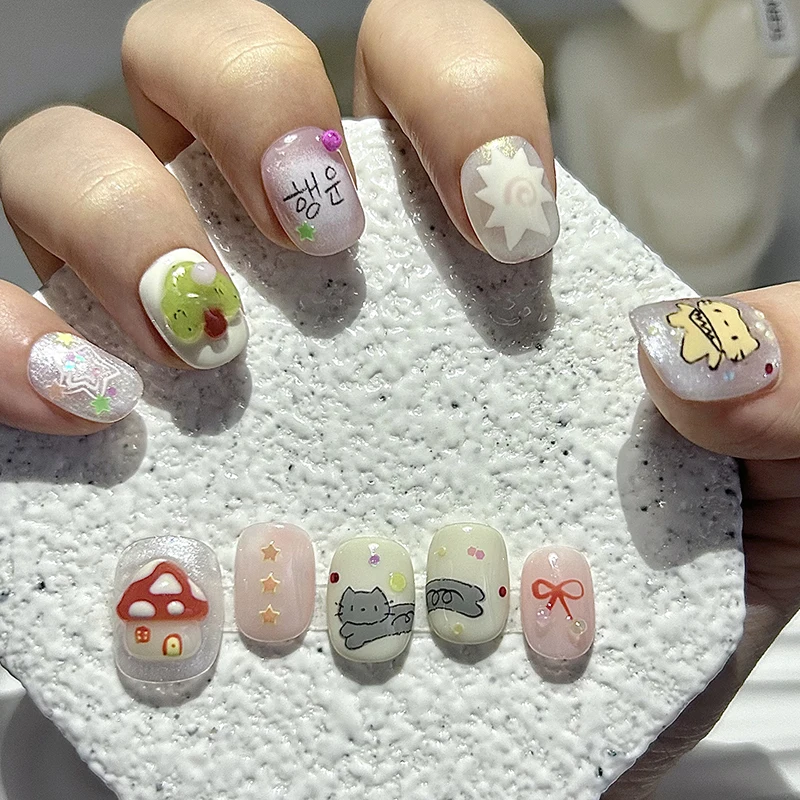 10 Pieces Sweet and Cute Cat Eye Short Handmade Press On Nails Cartoon Kitten Mushroom House Fake Nails Removable and Reusable
