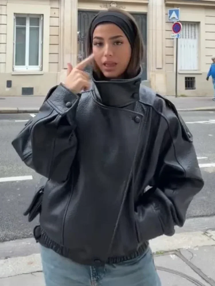 

Женская кожаная куртка на шнуровке, модная, однотонная, с отложным воротником, длинными рукавами, поясом, свободного кроя, укороченная, весна 2026, для повседневной носки, уличная верхняя одежда