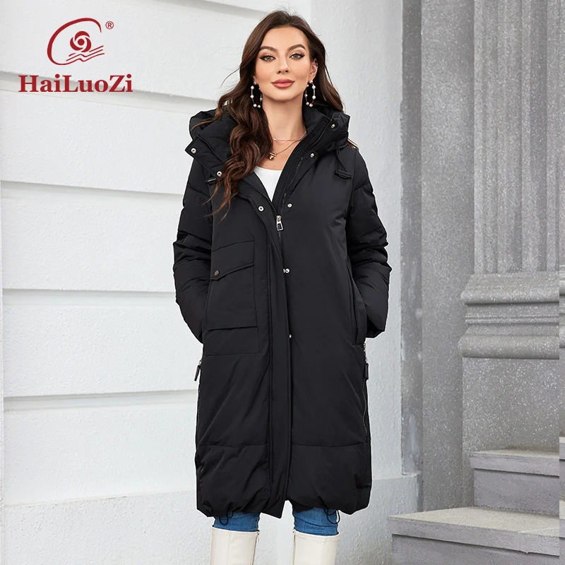 HaiLuoZi 2023 Women Winter Coat Long Thick Parkas Zip Up Warm Female Outwear Slant Pocket Drawstring Hem Women\'s Jackets 1107