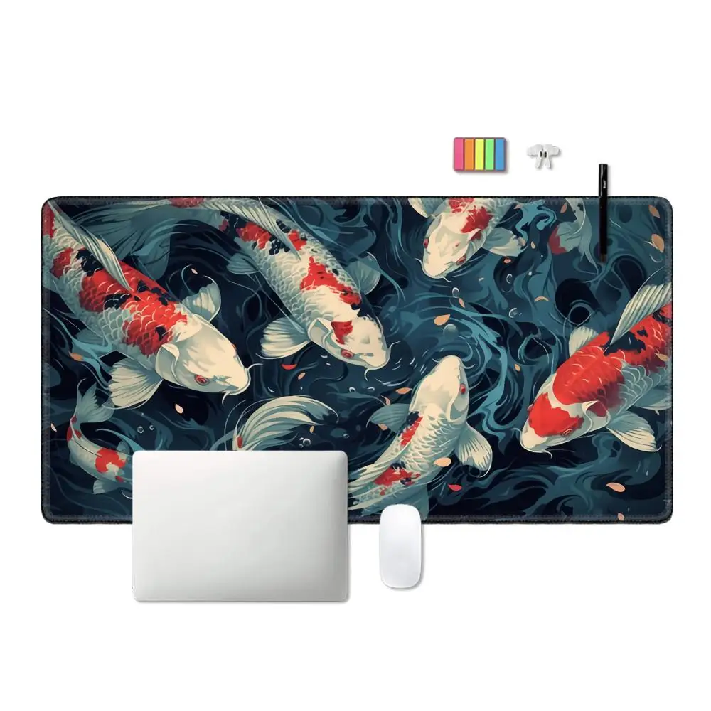 Japanese Desk Mat Black & White Mouse Pad Koi Fish Japan Art Seal Yin-yang fish Large XL Gaming Deskmat Rubber Mousepad 1000x500