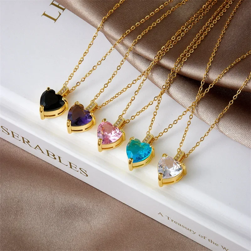 Fashion Popular Heart Zircon Pendant Necklace Stainless Steel Chain Classic Geometric Choker Jewelry Party Gifts For Women Girls